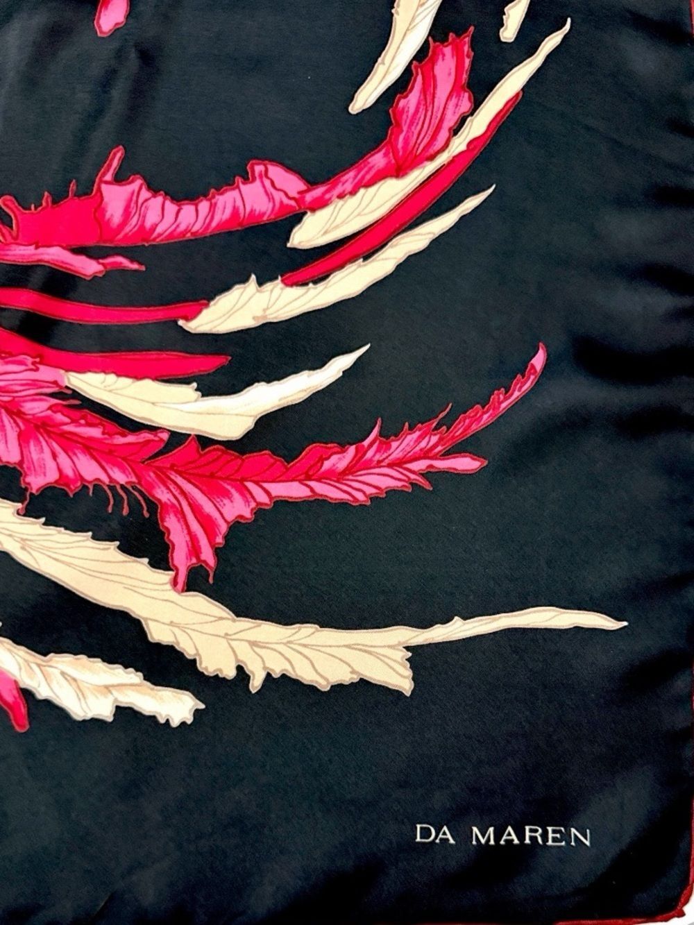 DA MAREN Silk Scarf Phoenix Fantasy Bird Black Pink Fuchsia Beige Hand Rolled - Picture 9 of 9